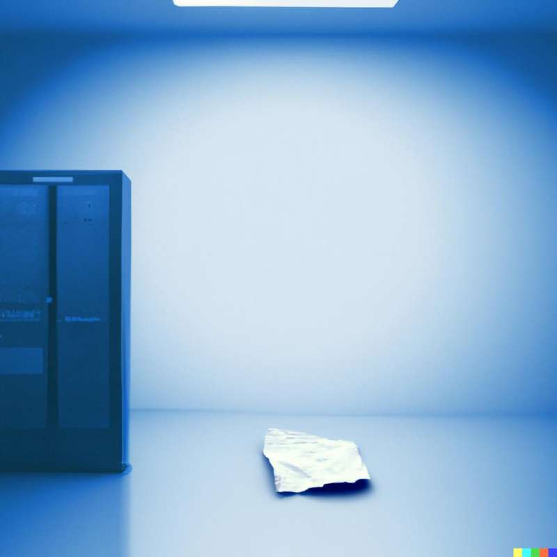 farbiges Bild, das einen Raum mit einem Computer-Server zeigt und in dem auf dem Boden ein großer, weißer Zettel liegt