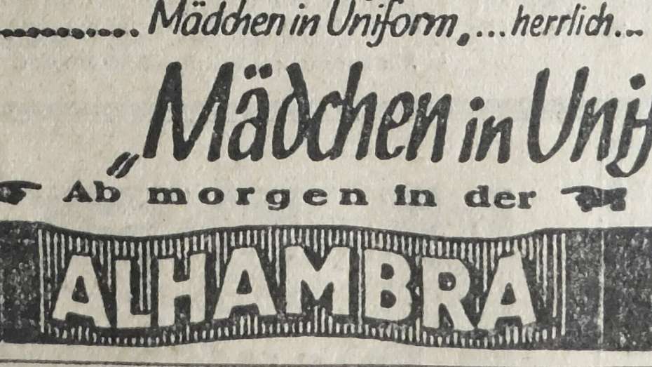 schwarz-weiß Anzeige zur Bewerbung des Films "Mädchen in Uniform", Neue Mannheimer Zeitung am 11.2.1932
