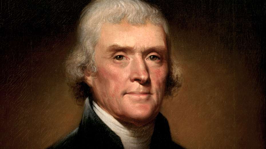  Von Rembrandt gemaltes Portrait des Thomas Jefferson um 1800. Grauhaarig mit entschlossenem Blick blickt er den Betrachtenden an. Die Wangen udn die Nase sind lebendig rot. Schwarze Jacke über einem weißen Schal. Der Hintergrund ist braun gehalten.