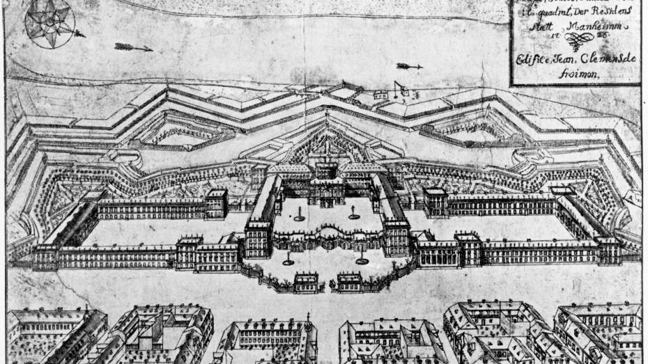 Gezeichnete Planansicht des Mannheimer Schlosses aus dem Jahr 1726. Im Hintergrund ist der Rhein zu erkennen, zwischen Schloss und Fluss die Festungsmauern, die im Zickzack verlaufen.