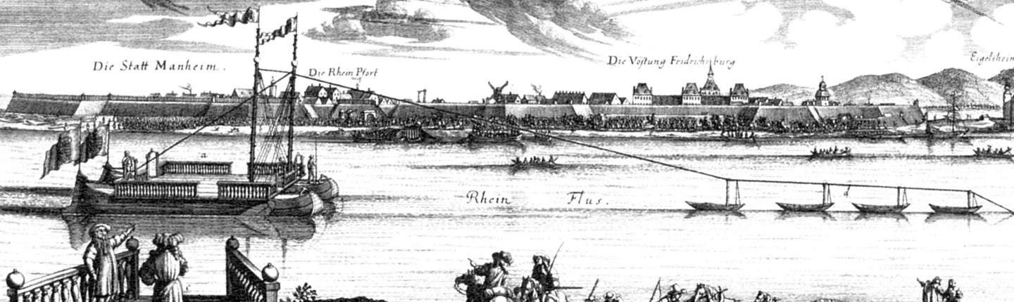 schwarz-weiß Kupferstich von Wilhelm Taudpheus, Die "fliegende Brücke" mit Ansicht von Stadt und Festung" aus dem Jahr 1669