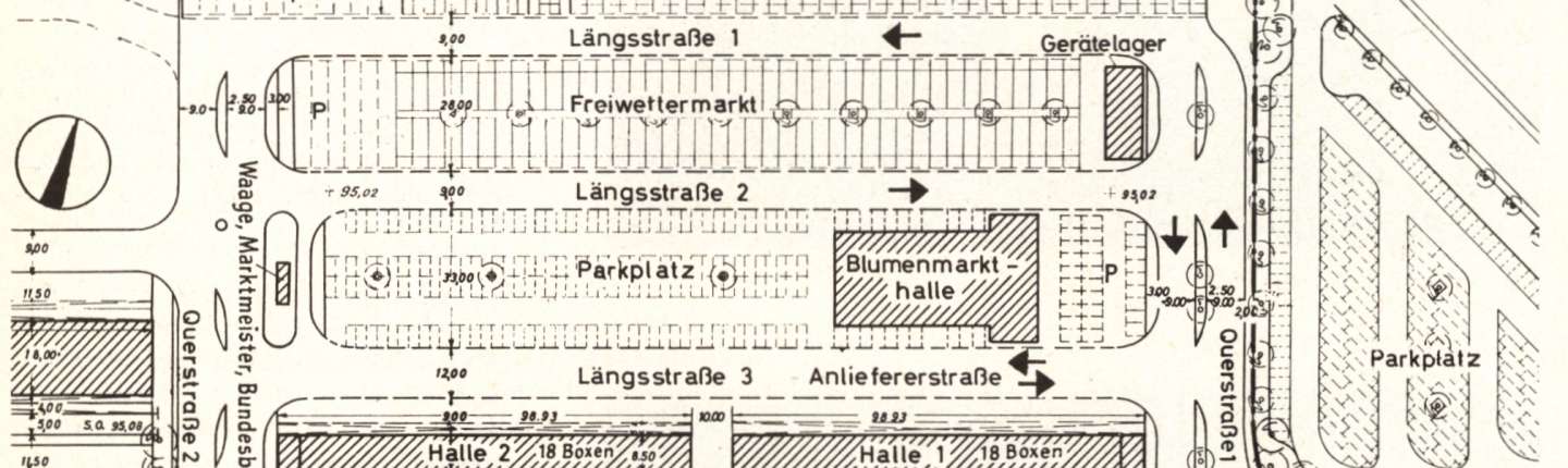 Abbildung des Lagepland des Fruchthallen- und Freiwettermarktbereichs, um 1960