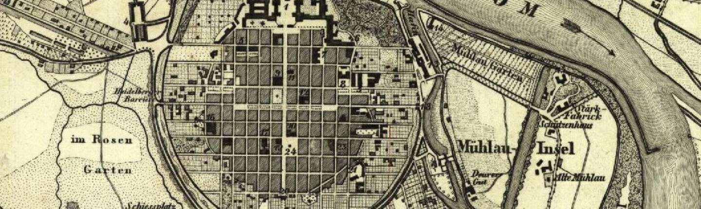 Farbiger historischer Stadtplan von Mannheim
