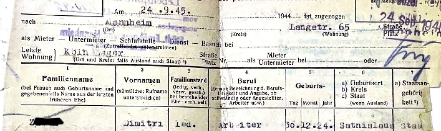 schwarz-weiß Aufnahme einer Anmeldebescheinigung von Herrn Dimitri Z., 24. September 1945