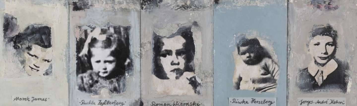 Galerie mit gemalten schwarz-weiß Portraits von Kindern vom Bullenhuser Damm