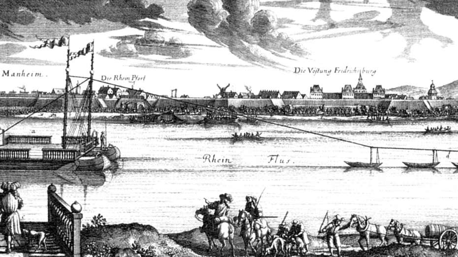 schwarz-weiß Kupferstich von Wilhelm Taudpheus, Die "fliegende Brücke" mit Ansicht von Stadt und Festung" aus dem Jahr 1669