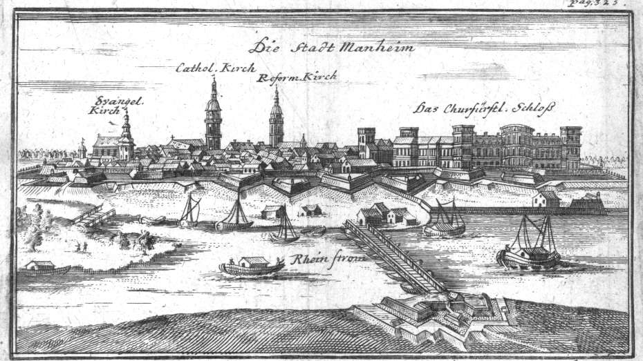 "Die Stadt Mannheim", Kupferstich aus Rheinischer Antiquarius oder ausführlicher Beschreibung des Rheinstroms von J. H. Diethelm, 1776