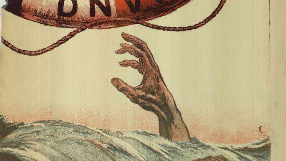Eine Hand, die aus den Fluten ragt und nach einem Rettungsring greift. Ausschnitt aus einem DNVP-Plakat.