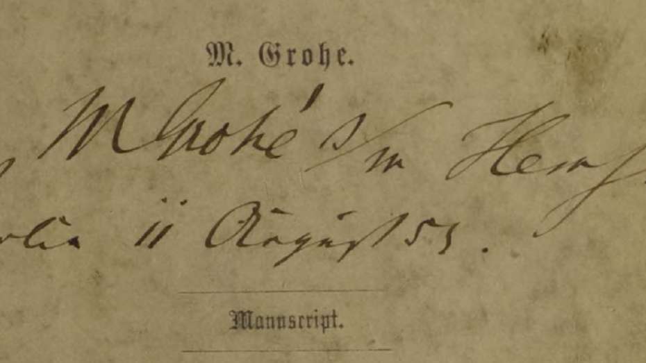 Handschriftliche Notiz Grohes auf der Titelseite seines Buches "Bernhard von Weimar. Ein Trauerspiel", 1853. Könnte die Unterschrift Grohes sein.