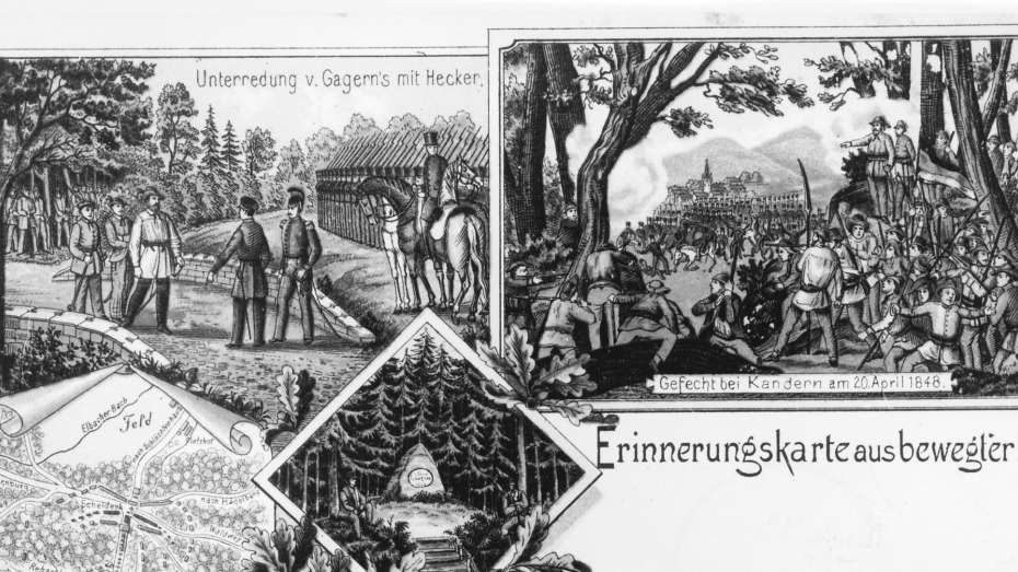 Eine Ansichtskarte aus dem 19. Jahrhundert, auf der verschiedene Episoden des Heckerzugs dargestellt sind. Links eine Unterredung Heckers mit von Gagern, rechts eine Szene aus einem Gefecht.