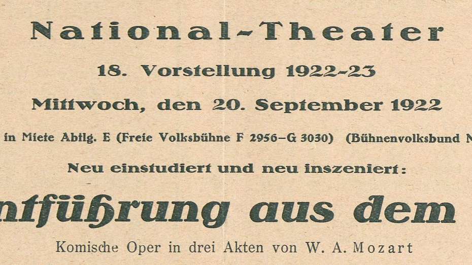 Theaterzettel zur Oper "Die Entführung aus dem Serail" (Ausschnitt) vom 20. September 1922