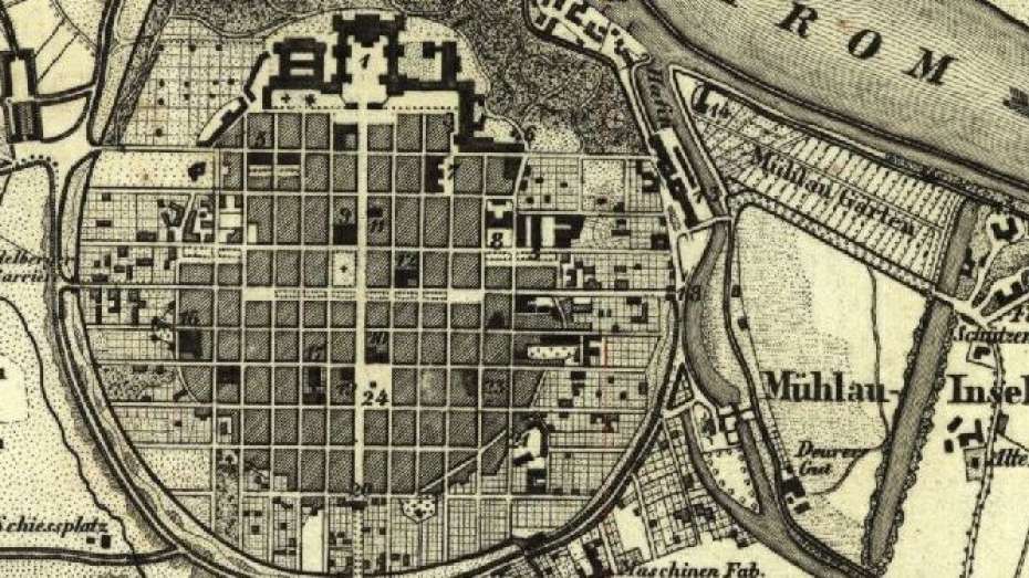 Farbiger historischer Stadtplan von Mannheim