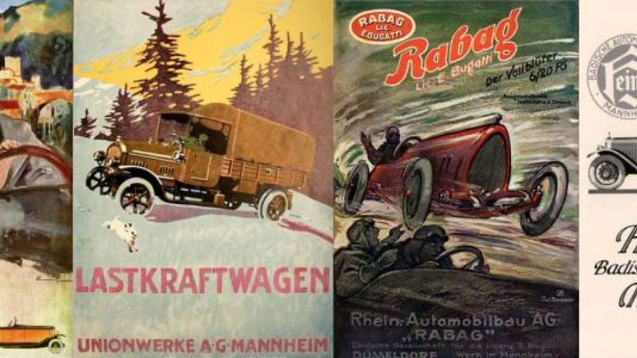 farbige Werbeplakate verschiedener Automobilbauer der 1920er