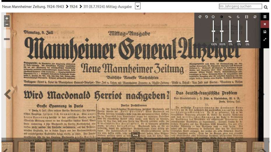 Abbild aus dem neuen Zeitungsportal mit Titelblatt der Neuen Mannheimer Zeitung vom 8.7.1924
