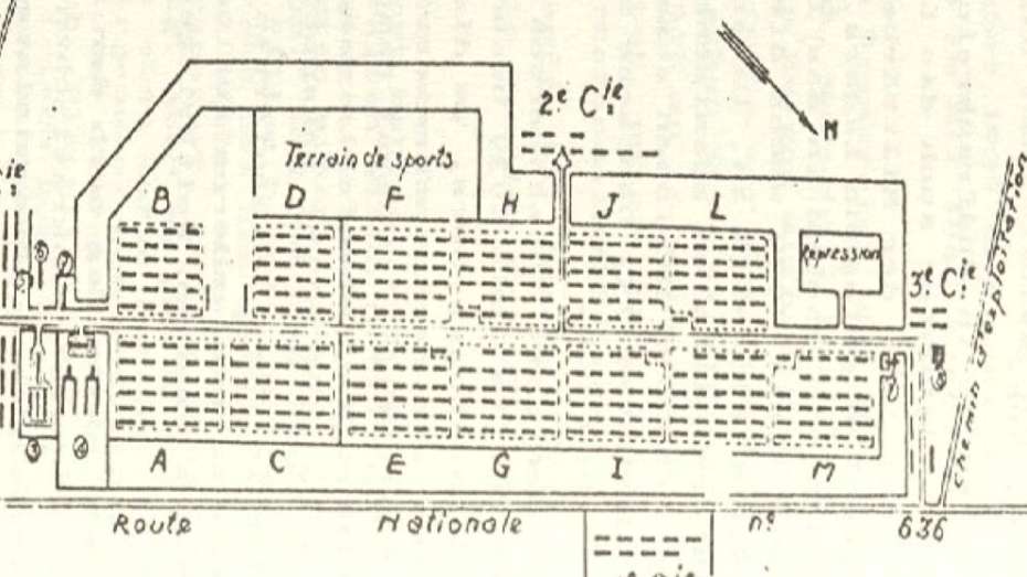 schwarz-weiß Zeichnung, die den Lageplan des Konzentrationszentrums in Gurs zeigt