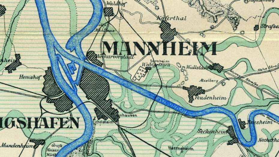 farbge Karte der alten Flussläufe von Rhein und Neckar in Mannheim und Umgebung aus dem Jahr 1887