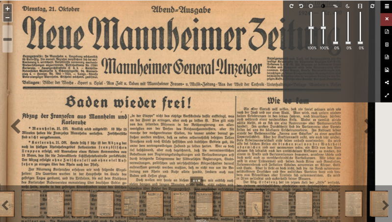 farbige Startseite des neuen Portals Druckschriften Digital, das die Titelseite der "Neuen Mannheimer Zeitung" vom 21. Oktober1924 zeigt