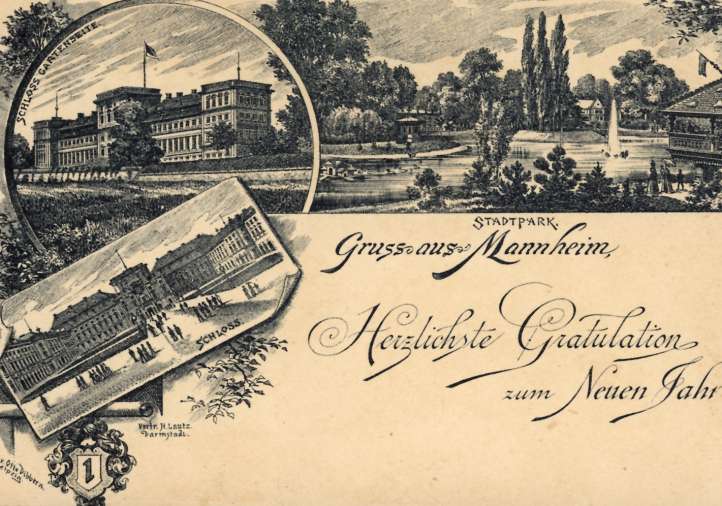 Eine ganz alte Postkarte mit einer Collage des Mannheimer Schlosses. Zu lesen ist "Herzliche Gratulation zum neuen Jahr!"