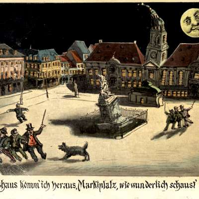 1910 - Humorkarte, Marktplatz mit schwankenden Gesellen, Häusern und Trinkvers 