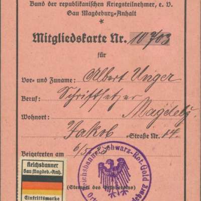 Mitgliedskarte von Albert Unger aus dem Gau Magdeburg-Anhalt des Reichsbanners 1925, Reichsbanner Schwarz-Rot-Gold, Landesverband Hamburg