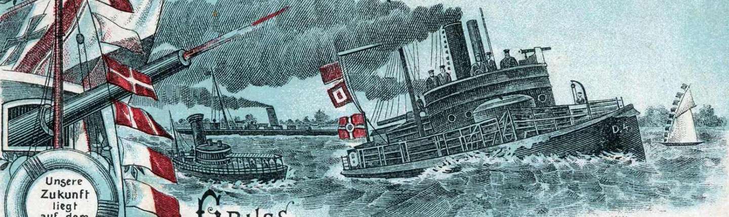 farbige Propagandapostkarte mit dem Satz von Kaiser Wilhelm II. "Unsere Zukunft liegt auf dem Wasser", der zum Motto des Deutschen Flottenvereins wurde