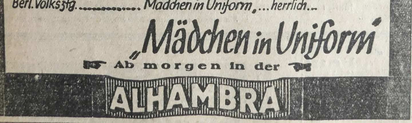 schwarz-weiß Anzeige zur Bewerbung des Films "Mädchen in Uniform", Neue Mannheimer Zeitung am 11.2.1932