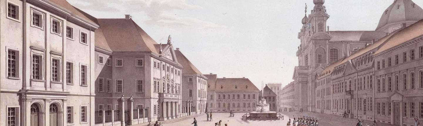 bunte Gouache von Jacobo Pozzi: Das Nationaltheater (links), 1834