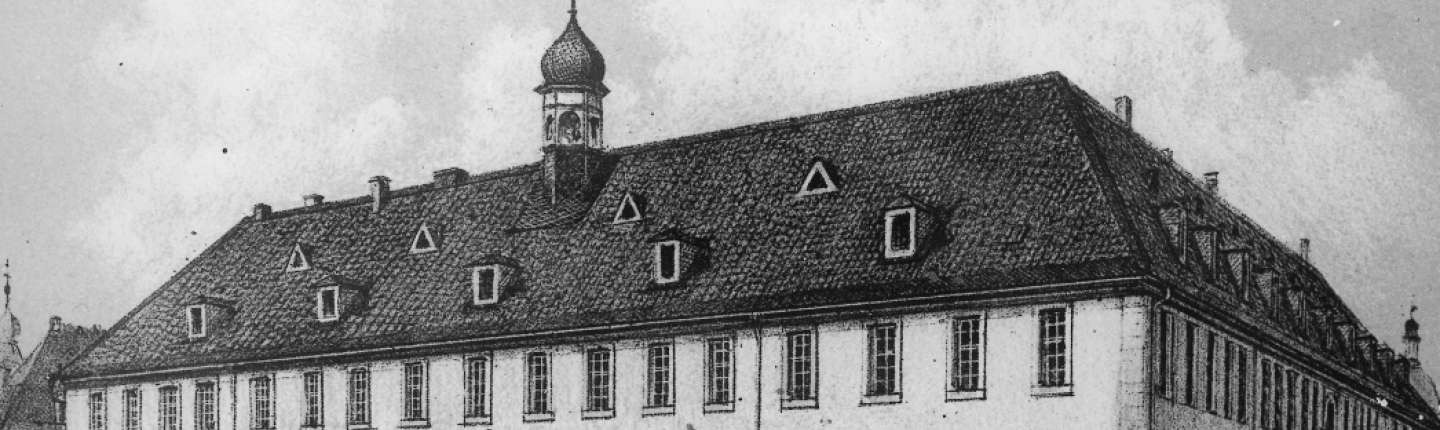 Lithographie von 1869 mit dem ehemaligen Augustinnerinnen-Kloster, vom Schloss aus gesehen, MARCHIVUM