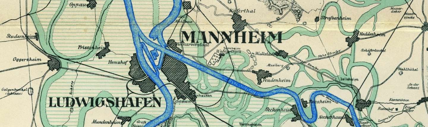 farbge Karte der alten Flussläufe von Rhein und Neckar in Mannheim und Umgebung aus dem Jahr 1887