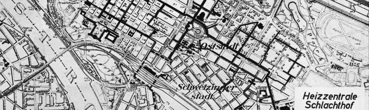 schwarz-weiß Karte mit dem Stadtheizungsnetz in Mannheim, 1961 (Ausschnitt)