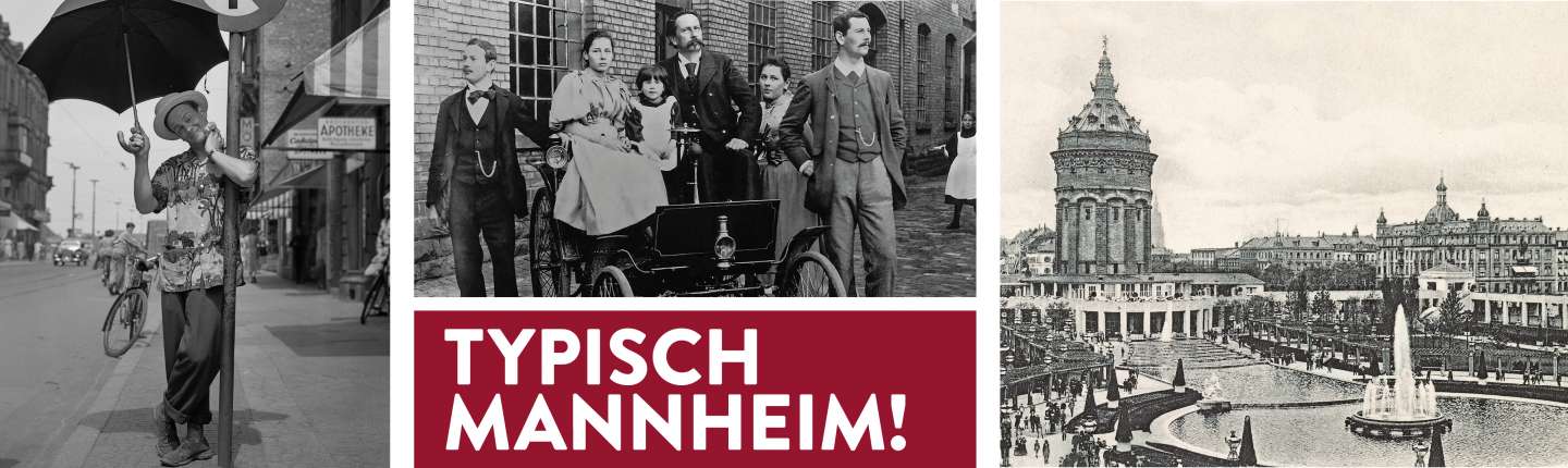 Collage mit Ausstellungsmotiven der stadtgeschichtlichen Ausstellung: Mann im Hitzesommer, Benz-Familie und Wasserturmansicht