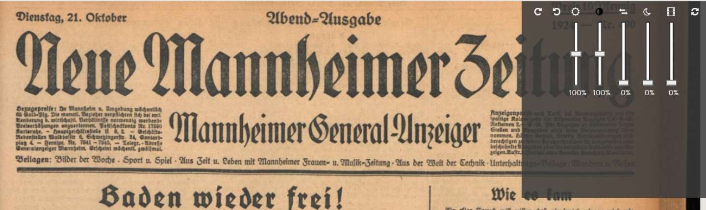 Screenshot der Homepage Druckschriften Digital mit der Neuen Mannheimer Zeitung aus dem Jahr 1924
