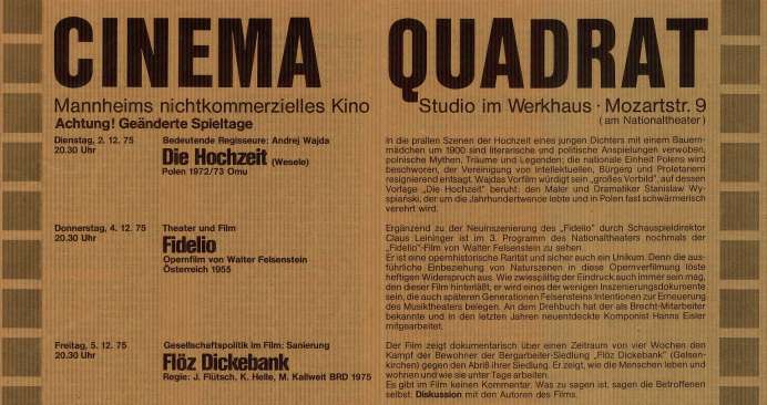 farbiges Plakat, das einen Ausschnitt aus dem Kinoprogramm des Cinema Quadrat zeigt, 1975