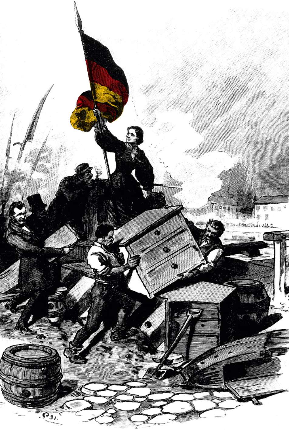 Barrikade in Mannheim, Stich von 1848