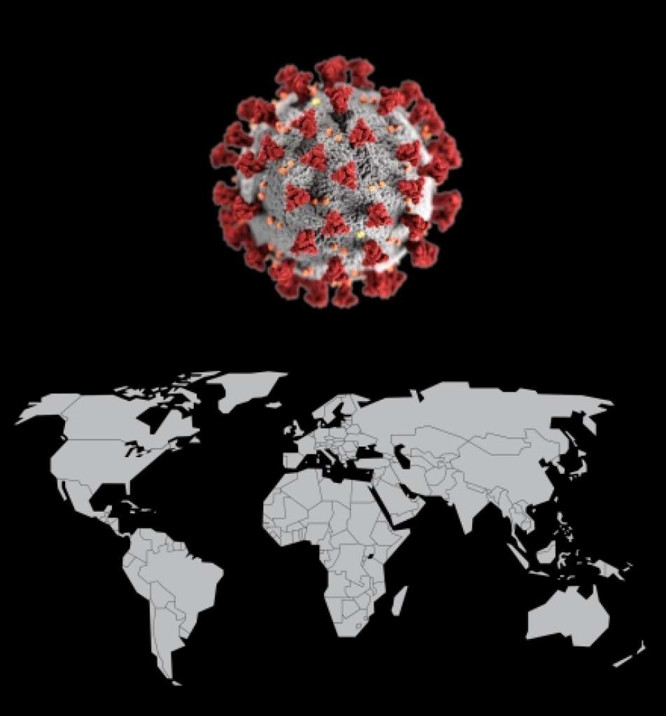 farbige Abbildung Weltkarte mit Corona-Virus