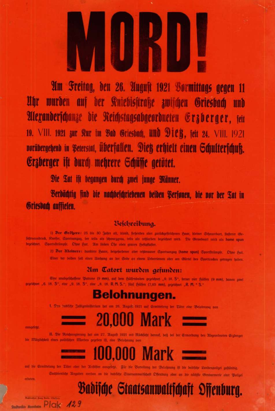 farbies Fahndungsplakat anlässlich der Ermordung von Matthias Erzberger, 1921