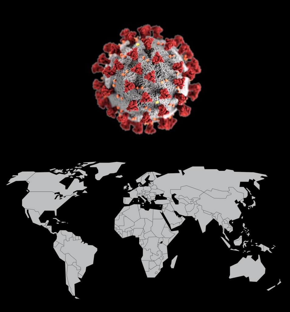 farbige Abbildung des COVID-Virus und einer Weltkarte