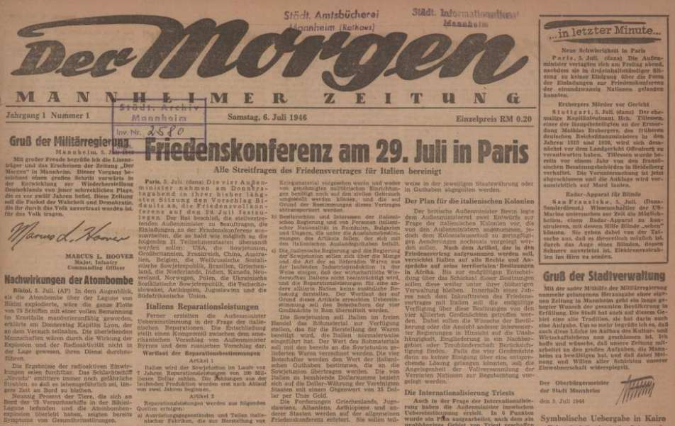 farbige Titelseite (Ausschnitt) von der Zeitung "Der Morgen", 6. Juli 1946